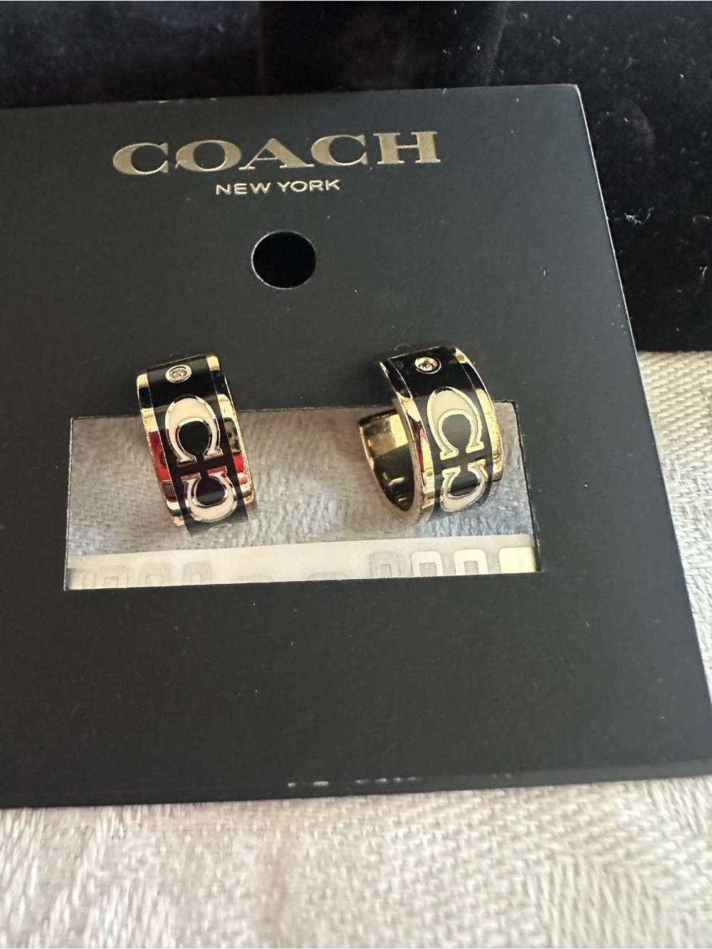 Coach Gold and Black Enamel C-Hoop Stud Earrings